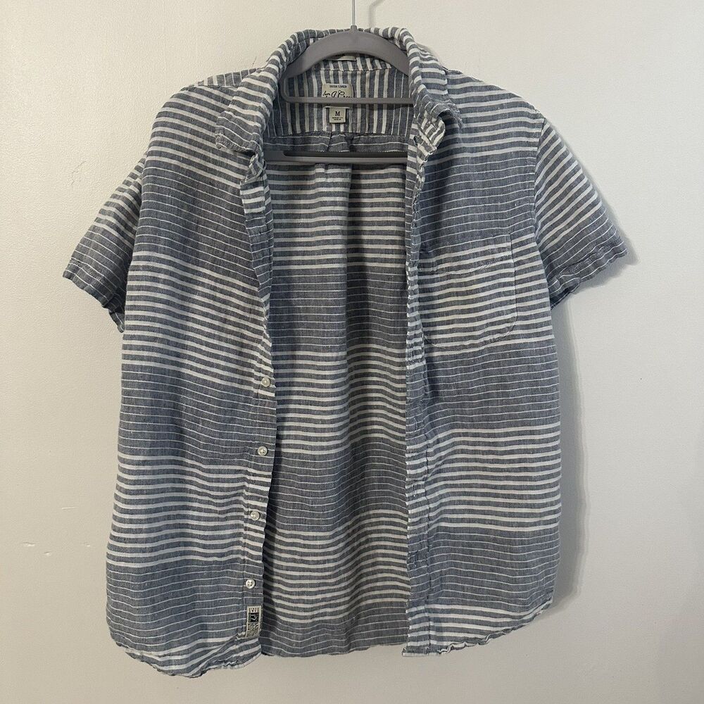 J Crew Shirt Button Down Baird McNutt Irish Linen Slim Blue White Striped Mens M